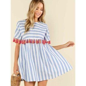 Blue & White Striped Dress With Tassels By Shein M beach summer tropical dress